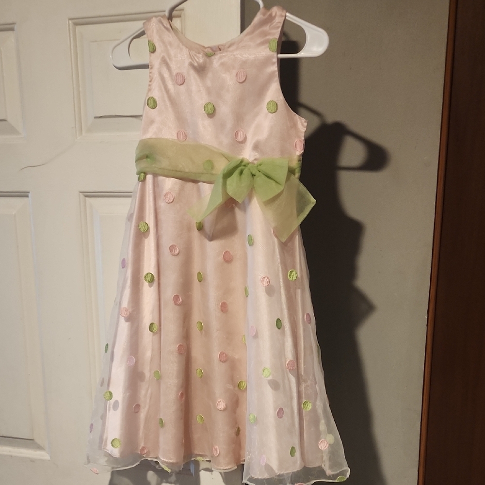 Charming Pink Polka Dot Kids Dress with Green Accents